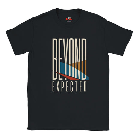 A navy blue short-sleeve t-shirt with a graphic print on the front reading 'BEYOND EXPECTED' in white, featuring a stylized surfboard design in cream, orange, teal, and red.
