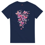 Navy blue t-shirt with colorful heart design on a white background