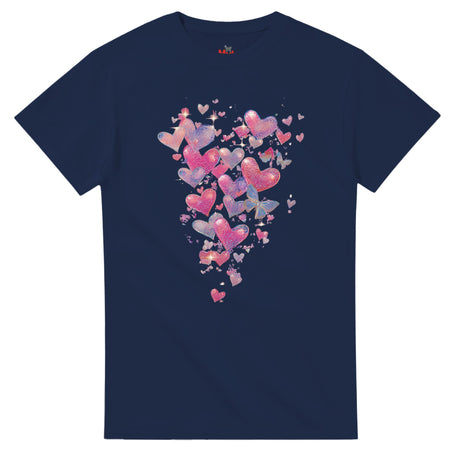 Navy blue t-shirt with colorful heart design on a white background