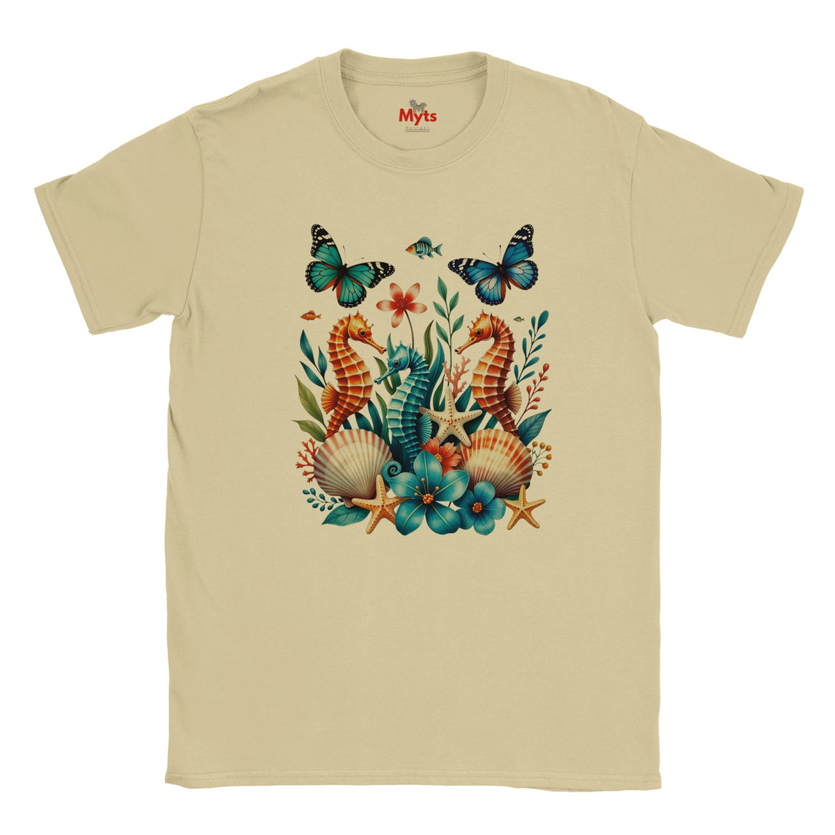 A Sand graphic T-shirt featuring three colourful seahorses, blue butterflies, tropical flowers, starfish and seashells in a vibrant ocean wildlife design.