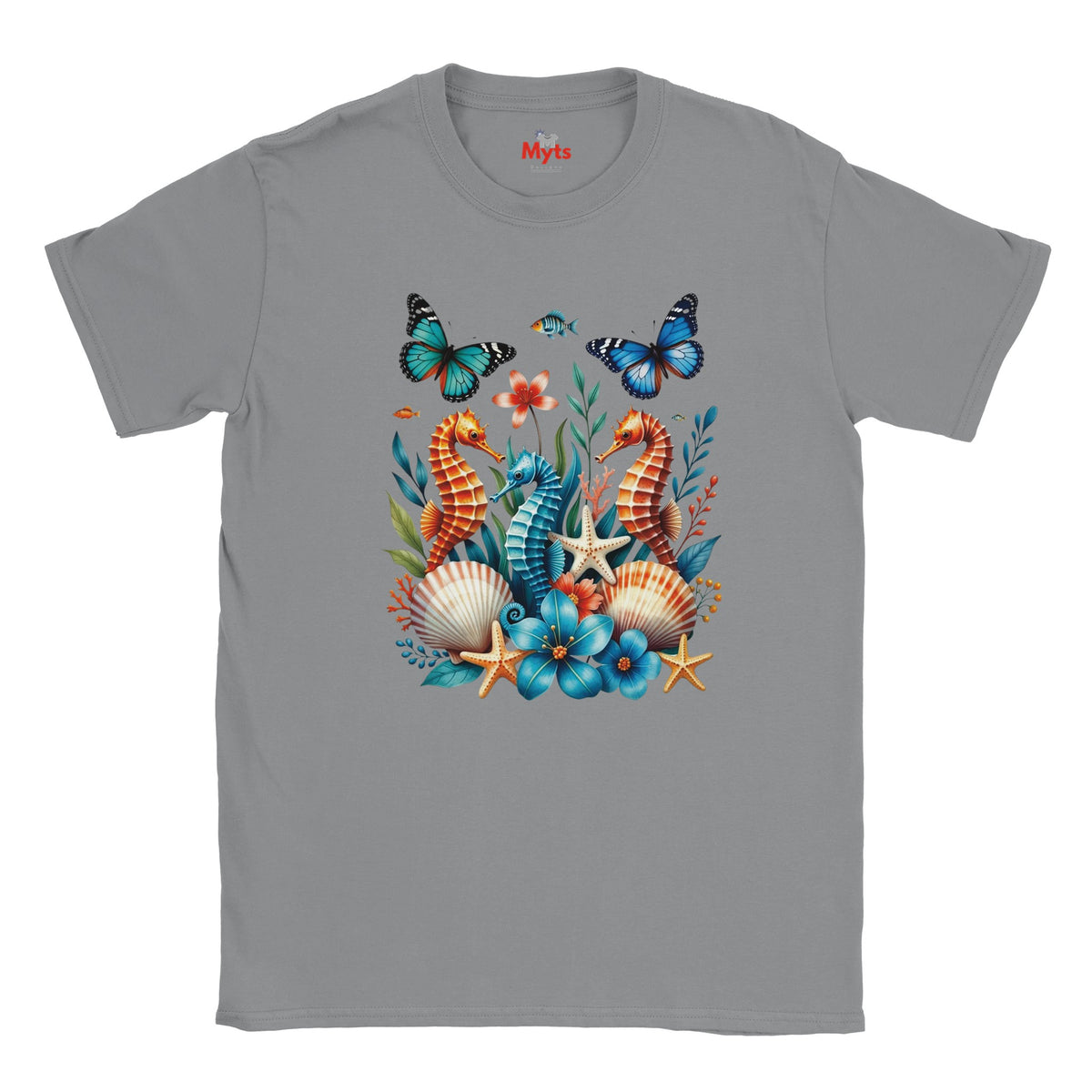 A Sports Grey graphic T-shirt featuring three colourful seahorses, blue butterflies, tropical flowers, starfish and seashells in a vibrant ocean wildlife design.