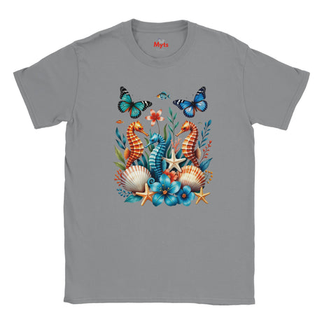 A Sports Grey graphic T-shirt featuring three colourful seahorses, blue butterflies, tropical flowers, starfish and seashells in a vibrant ocean wildlife design.