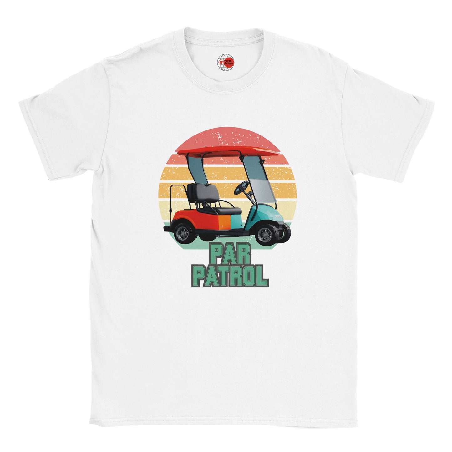 White t-shirt with a colorful golf cart graphic and 'Par Patrol' text on a white background