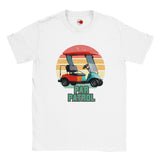 White t-shirt with a colorful golf cart graphic and 'Par Patrol' text on a white background
