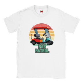 White t-shirt with a colorful golf cart graphic and 'Par Patrol' text on a white background