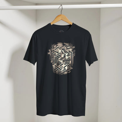 Black t-shirt with geometric design on a hanger against a neutral background