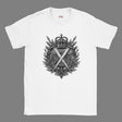 White t-shirt with a black emblem design on a white background