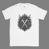 White t-shirt with a black emblem design on a white background