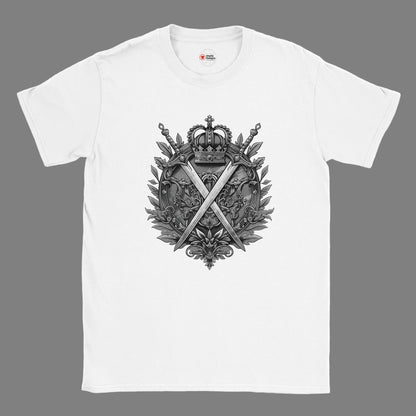 White t-shirt with a black emblem design on a white background