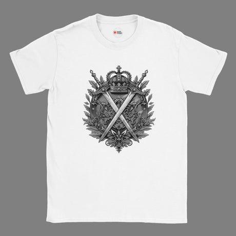 White t-shirt with a black emblem design on a white background