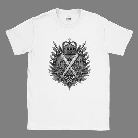 White t-shirt with a black emblem design on a white background