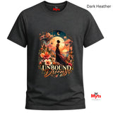 Dark Heather crew neck T-shirt featuring the Unbound Dreams fantasy moon and floral graphic design.