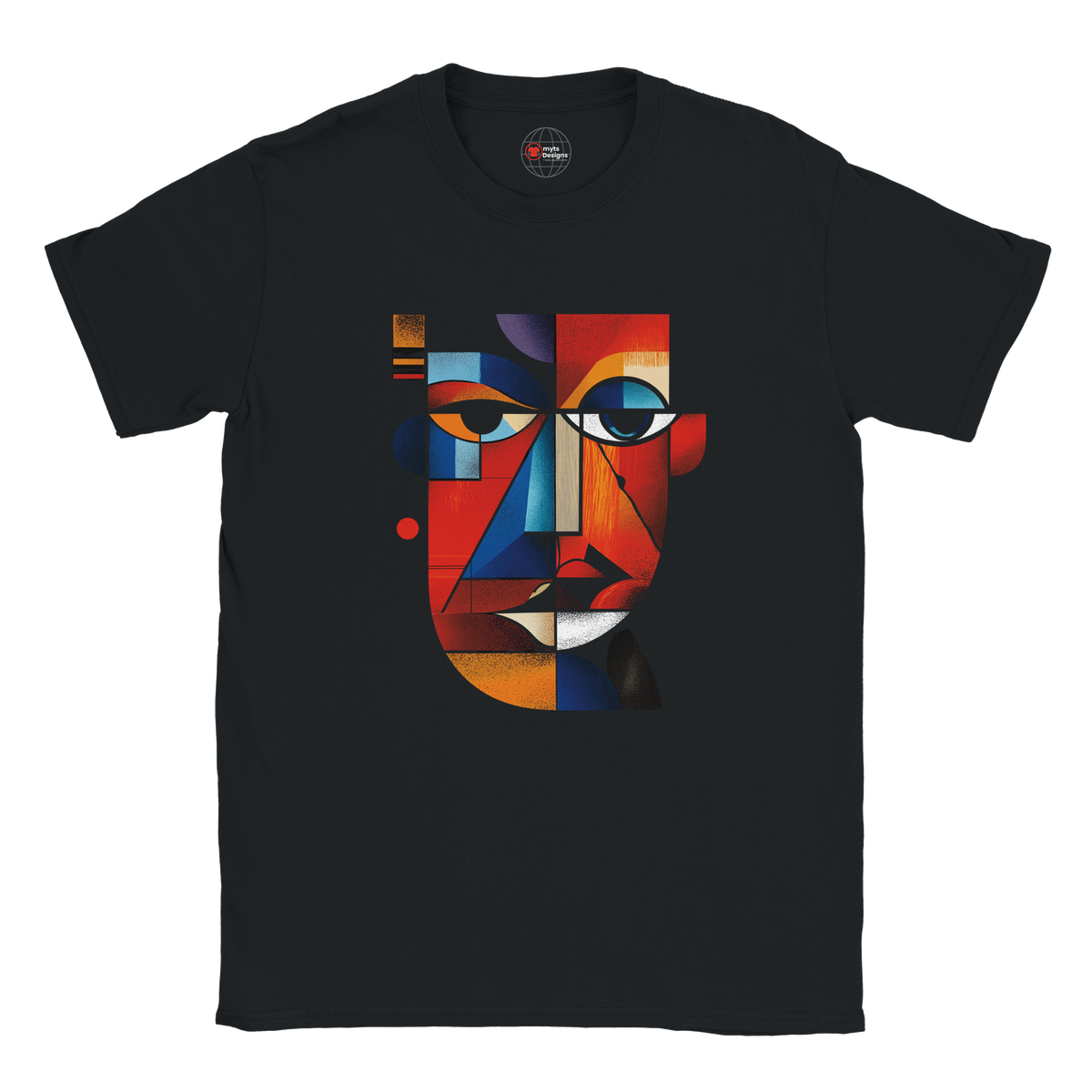 Black t-shirt with a colorful abstract face design on a white background