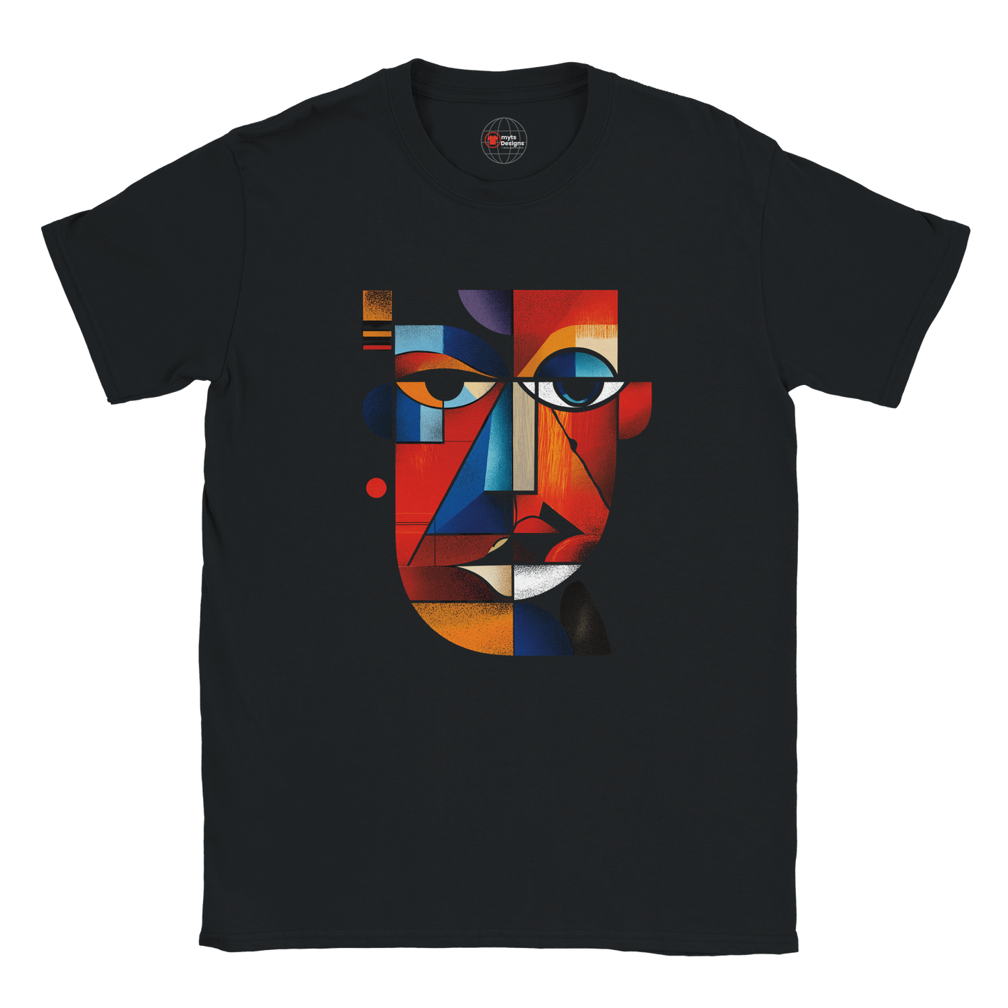 Black t-shirt with a colorful abstract face design on a white background