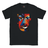 Black t-shirt with a colorful abstract face design on a white background