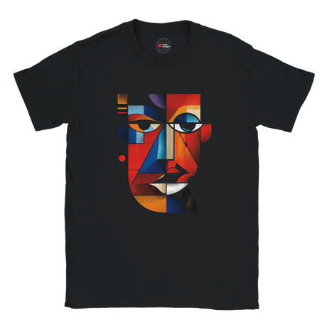 Black t-shirt with a colorful abstract face design on a white background