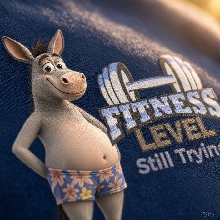 Close-up of donkey character and dumbbell graphic printed on Navy Fitness Level Still Trying T-shirt.