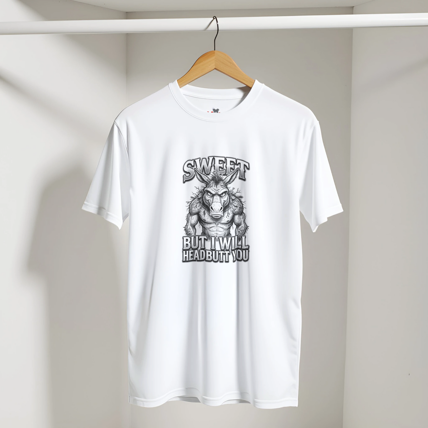 White t-shirt with a graphic design on a hanger against a plain background