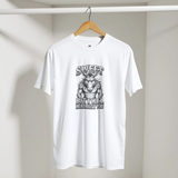 White t-shirt with a graphic design on a hanger against a plain background
