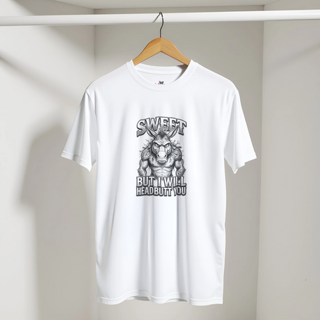 White t-shirt with a graphic design on a hanger against a plain background