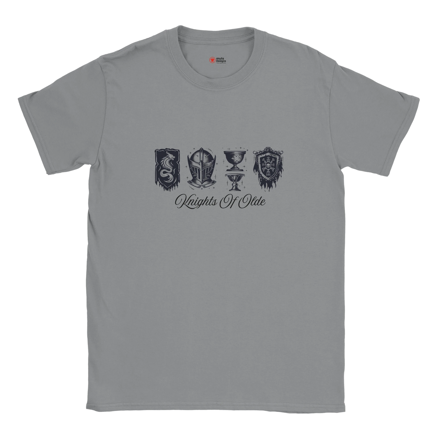 Gray t-shirt with black graphics and text on a white background