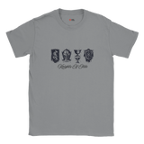 Gray t-shirt with black graphics and text on a white background