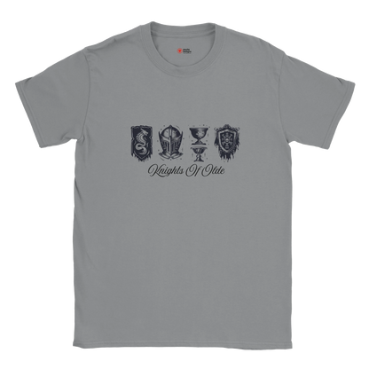 Gray t-shirt with black graphics and text on a white background