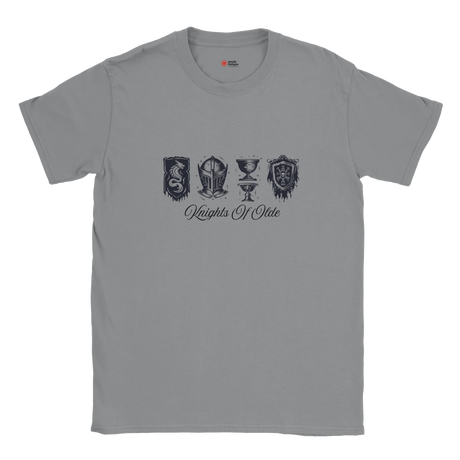 Gray t-shirt with black graphics and text on a white background