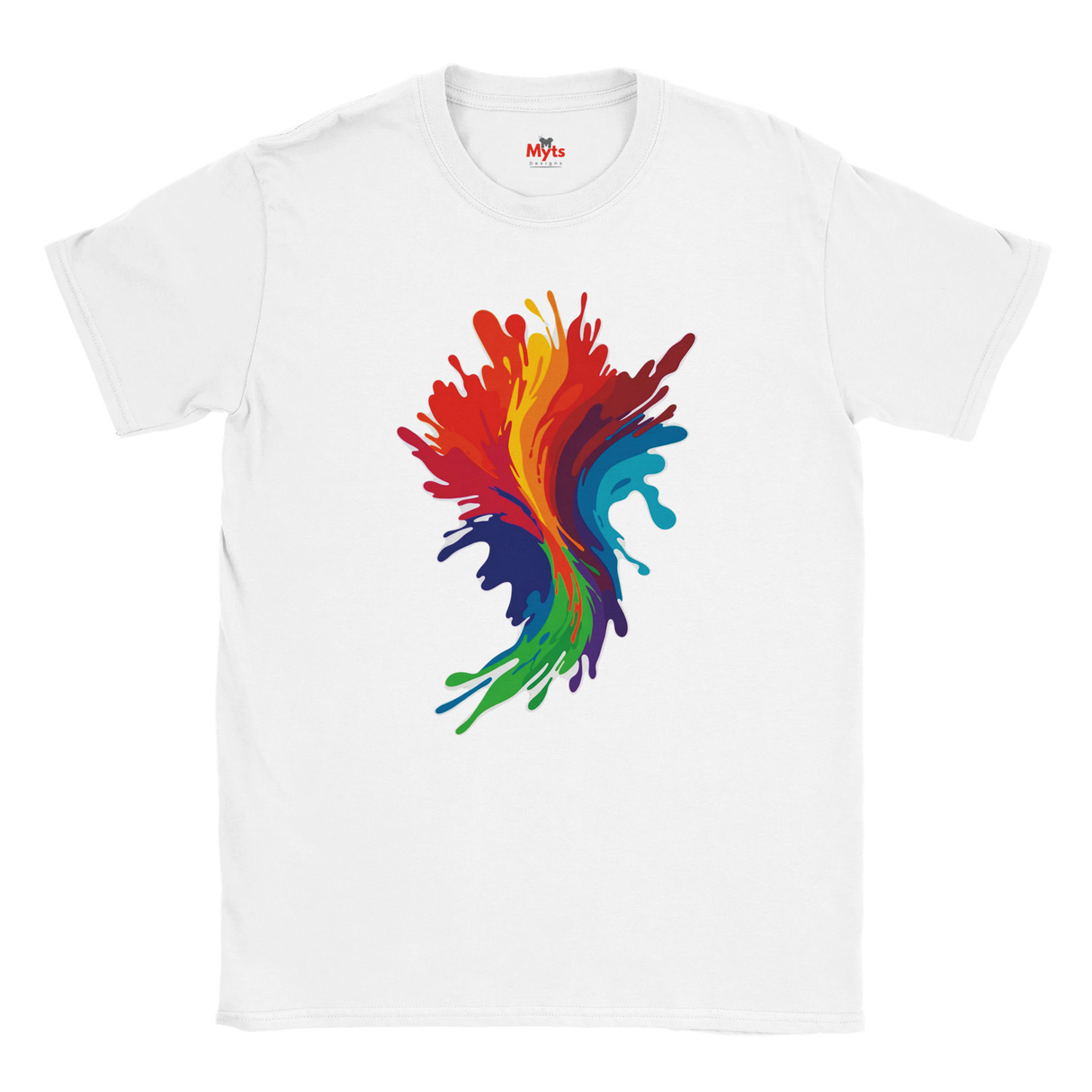 White t-shirt with a colorful abstract design on a white background