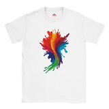 White t-shirt with a colorful abstract design on a white background