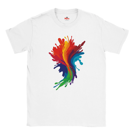 White t-shirt with a colorful abstract design on a white background