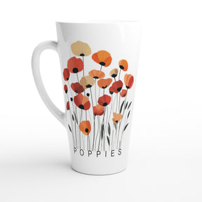 A white ceramic latte mug featuring a stylized illustration of red, orange, and yellow poppies with black stems and the word 'POPPIES' printed at the bottom.