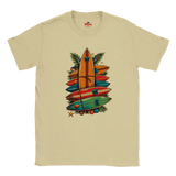 Sand t-shirt with colorful surfboard design on a white background