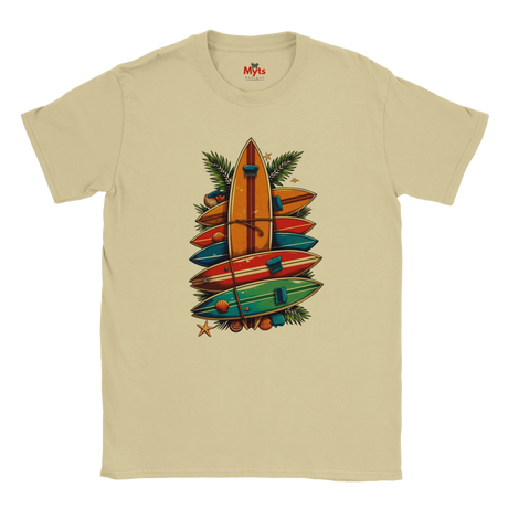 Sand t-shirt with colorful surfboard design on a white background