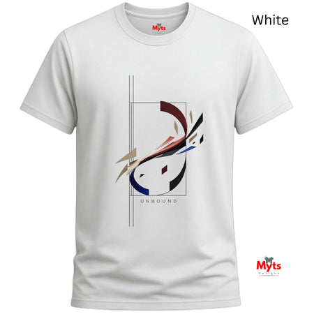 A white short-sleeve crewneck t-shirt with a central abstract graphic print featuring red, blue, black, and beige brushstrokes, displayed on a clean white background with 'White' text in the top right and a 'Myts' logo in the bottom right.