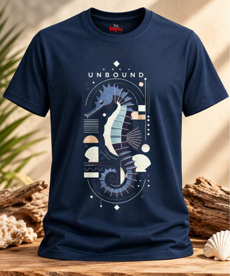 A navy t-shirt in a studio setting depicting a geometric styled seahorse,coastal theme. Unbound in thin script aross the top.