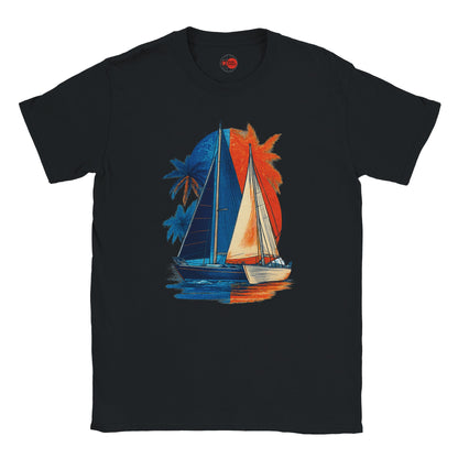 Black t-shirt with a sailboat and palm tree design on a white background