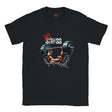 Black t-shirt with a graphic of a bodybuilder lifting weights and 'No Stress' text on a white background