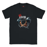 Black t-shirt with a graphic of a bodybuilder lifting weights and 'No Stress' text on a white background
