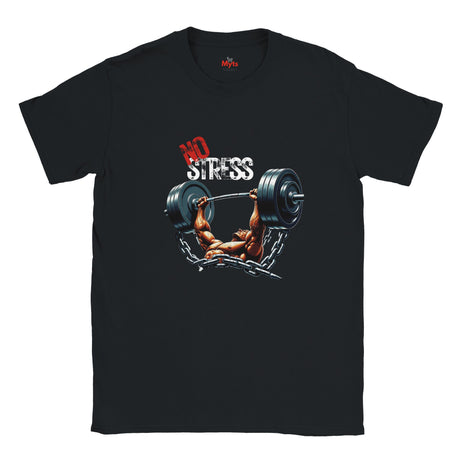 Black t-shirt with a graphic of a bodybuilder lifting weights and 'No Stress' text on a white background