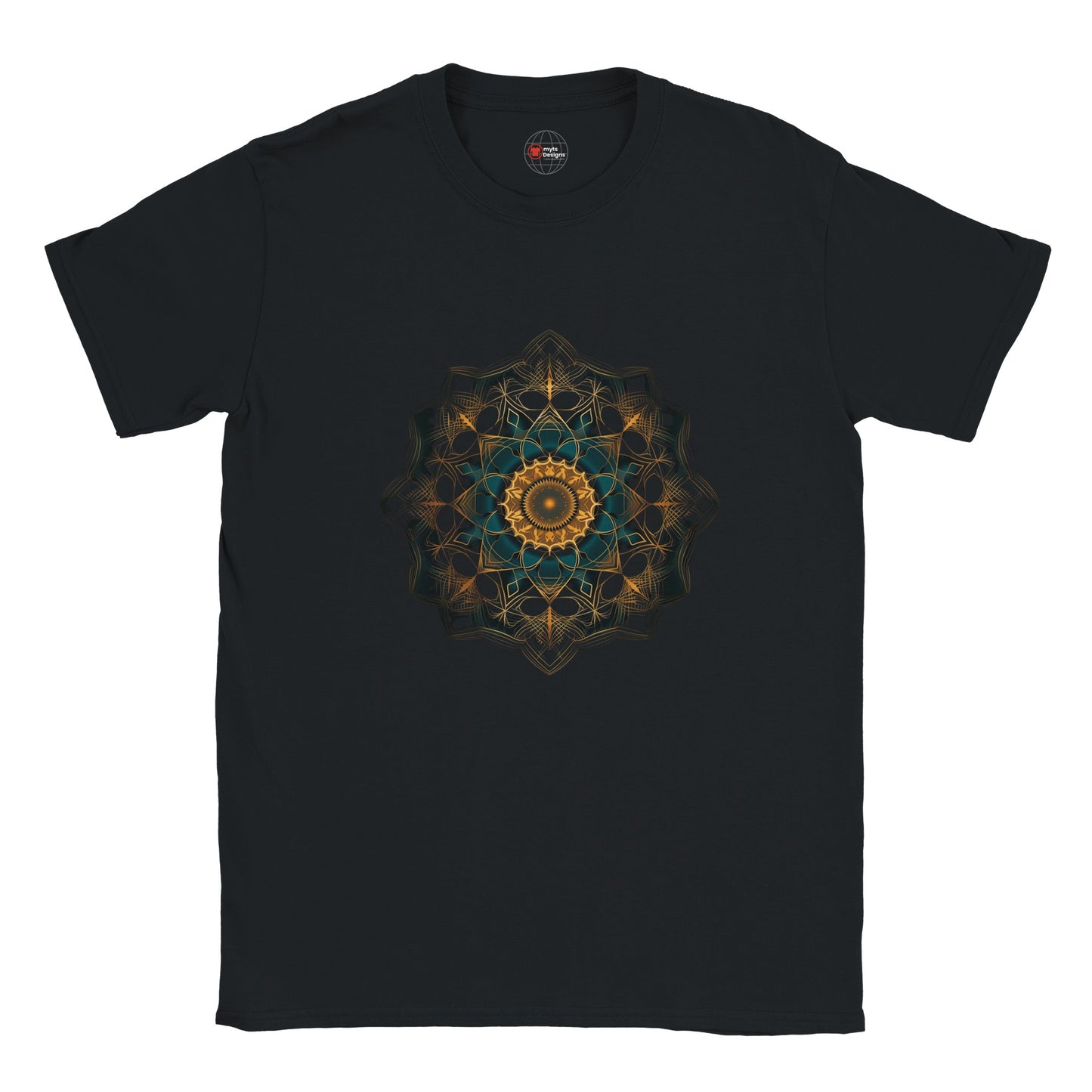 Black t-shirt with a geometric mandala design on a white background