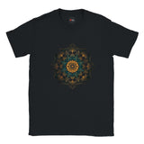 Black t-shirt with a geometric mandala design on a white background