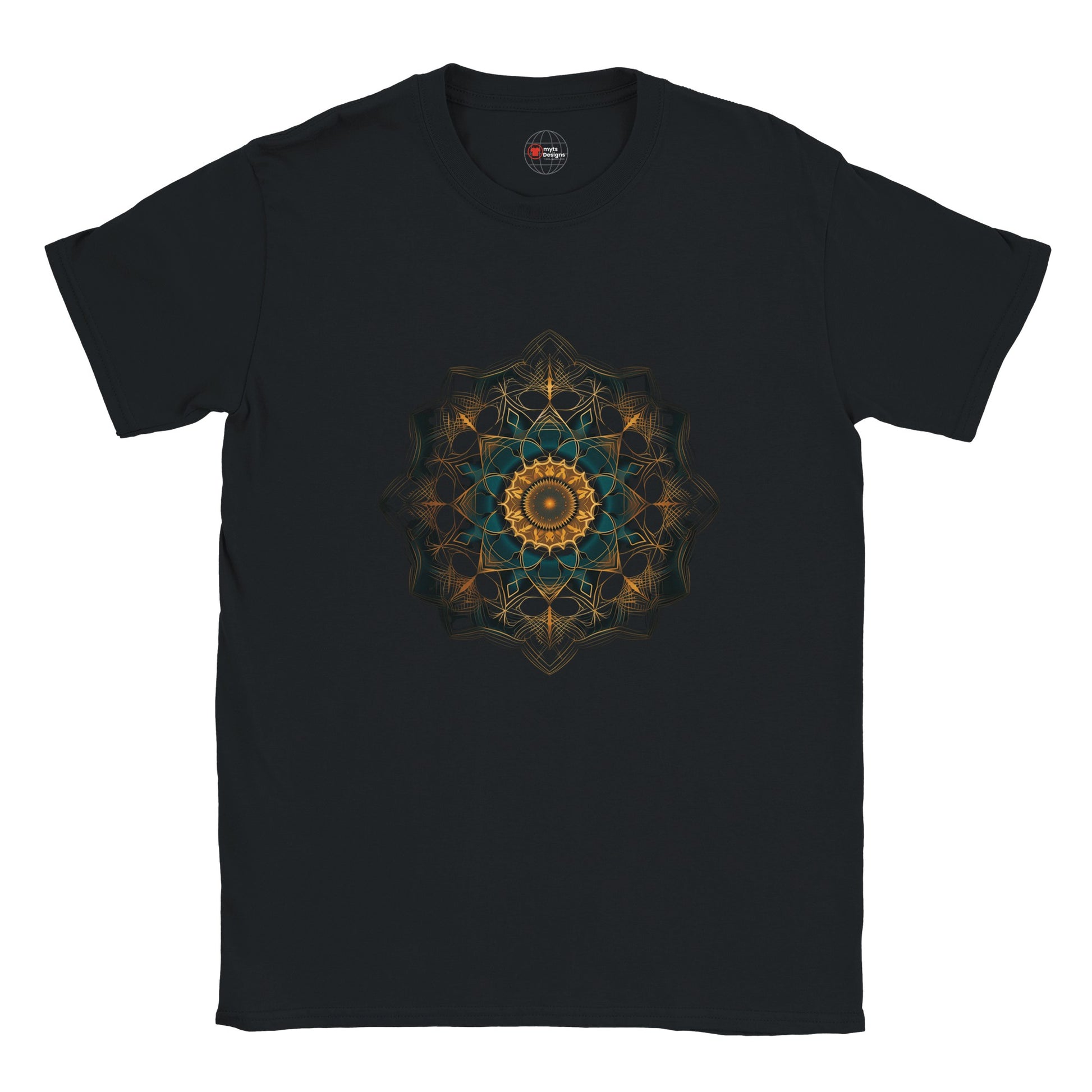 Black t-shirt with a geometric mandala design on a white background