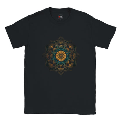 Black t-shirt with a geometric mandala design on a white background