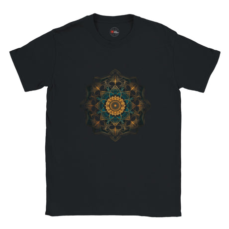 Black t-shirt with a geometric mandala design on a white background