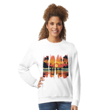 Woman wearing a white sweatshirt with a colorful palm tree design on a white background