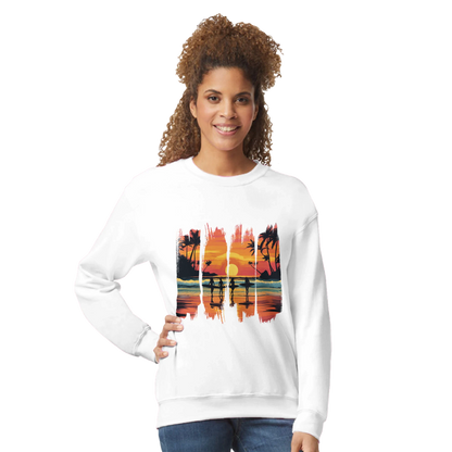 Woman wearing a white sweatshirt with a colorful palm tree design on a white background