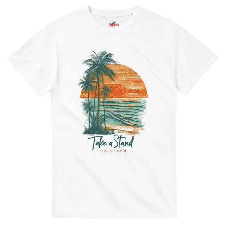 White t-shirt with a tropical design featuring palm trees and a sunset, with text 'Take a Stand to Stand' on a white background.