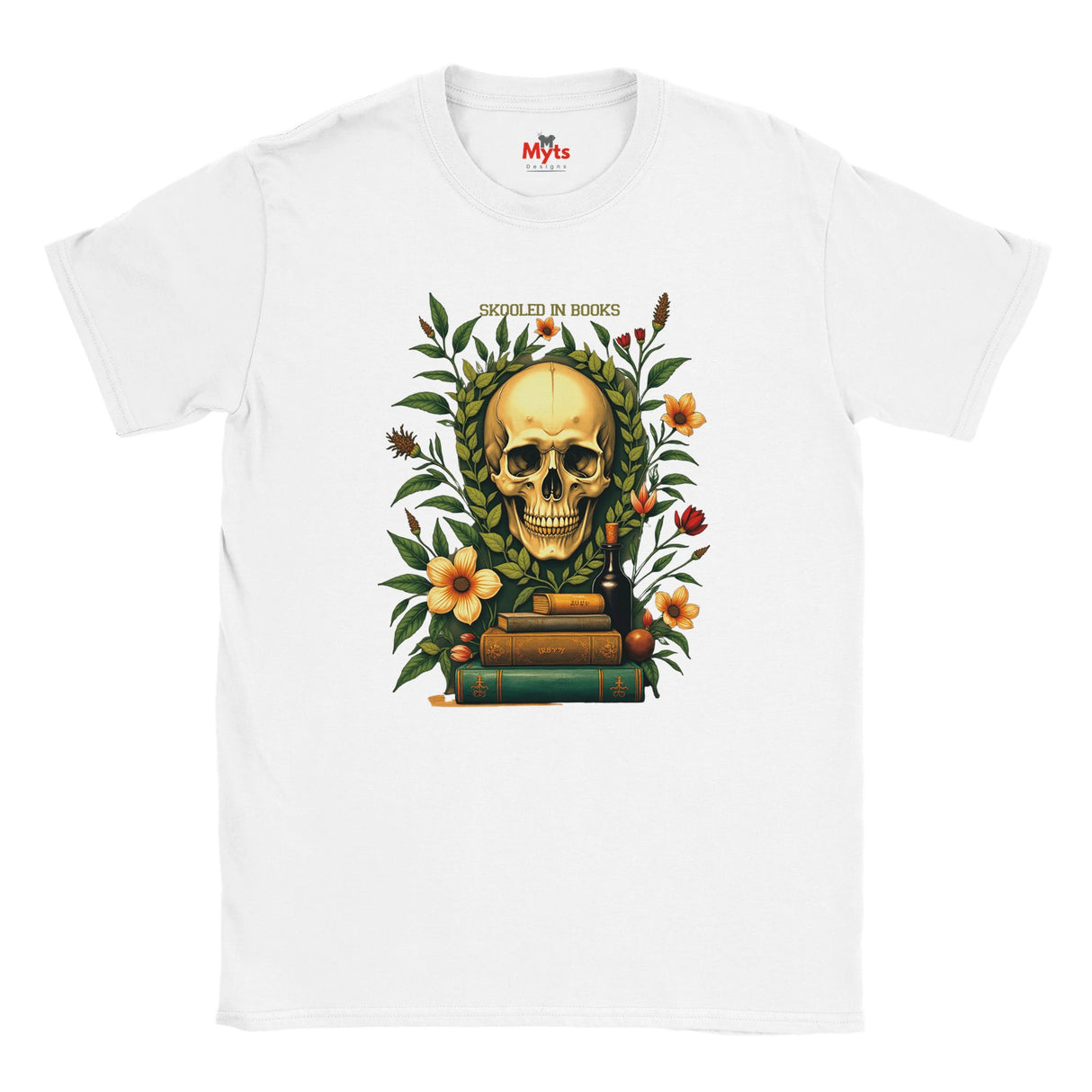 White t-shirt with a skull and floral design on a white background