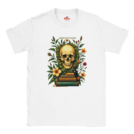 White t-shirt with a skull and floral design on a white background